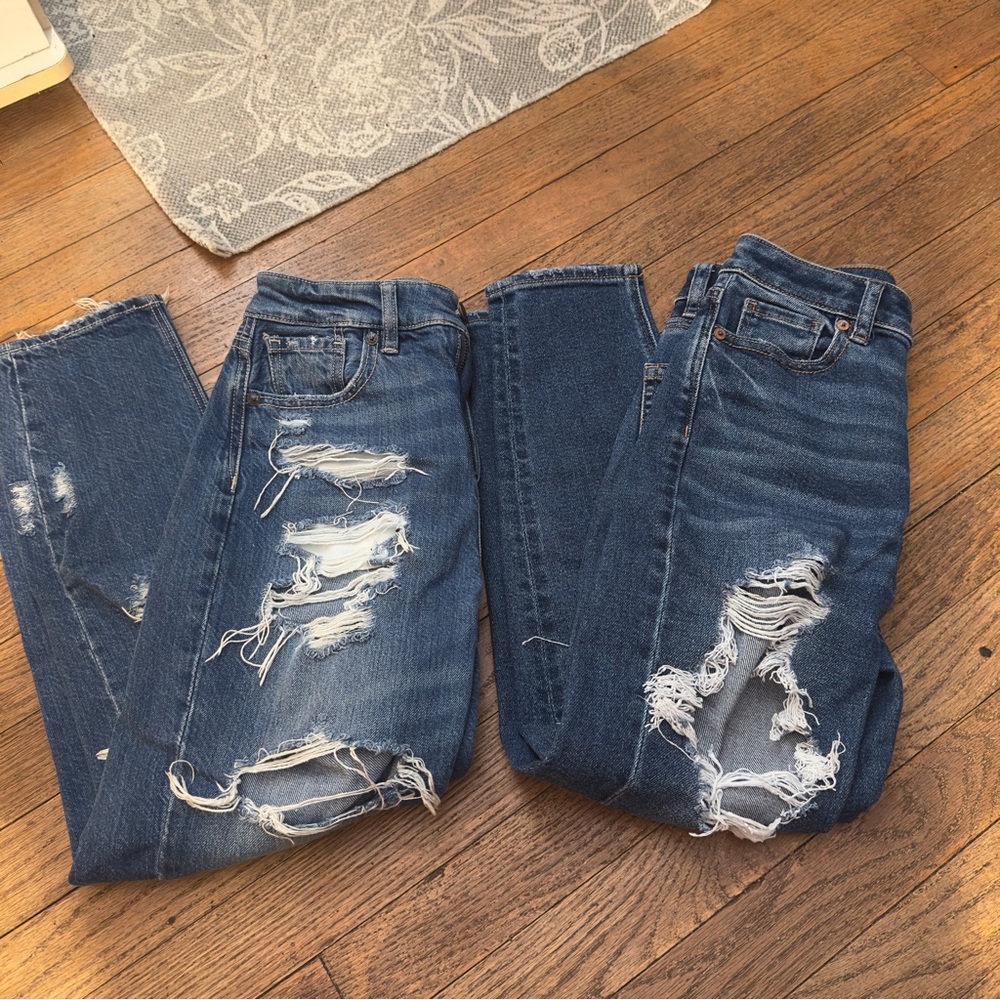 American Eagle Outfitters Blue Boyfriend Jeans with Distressed Details